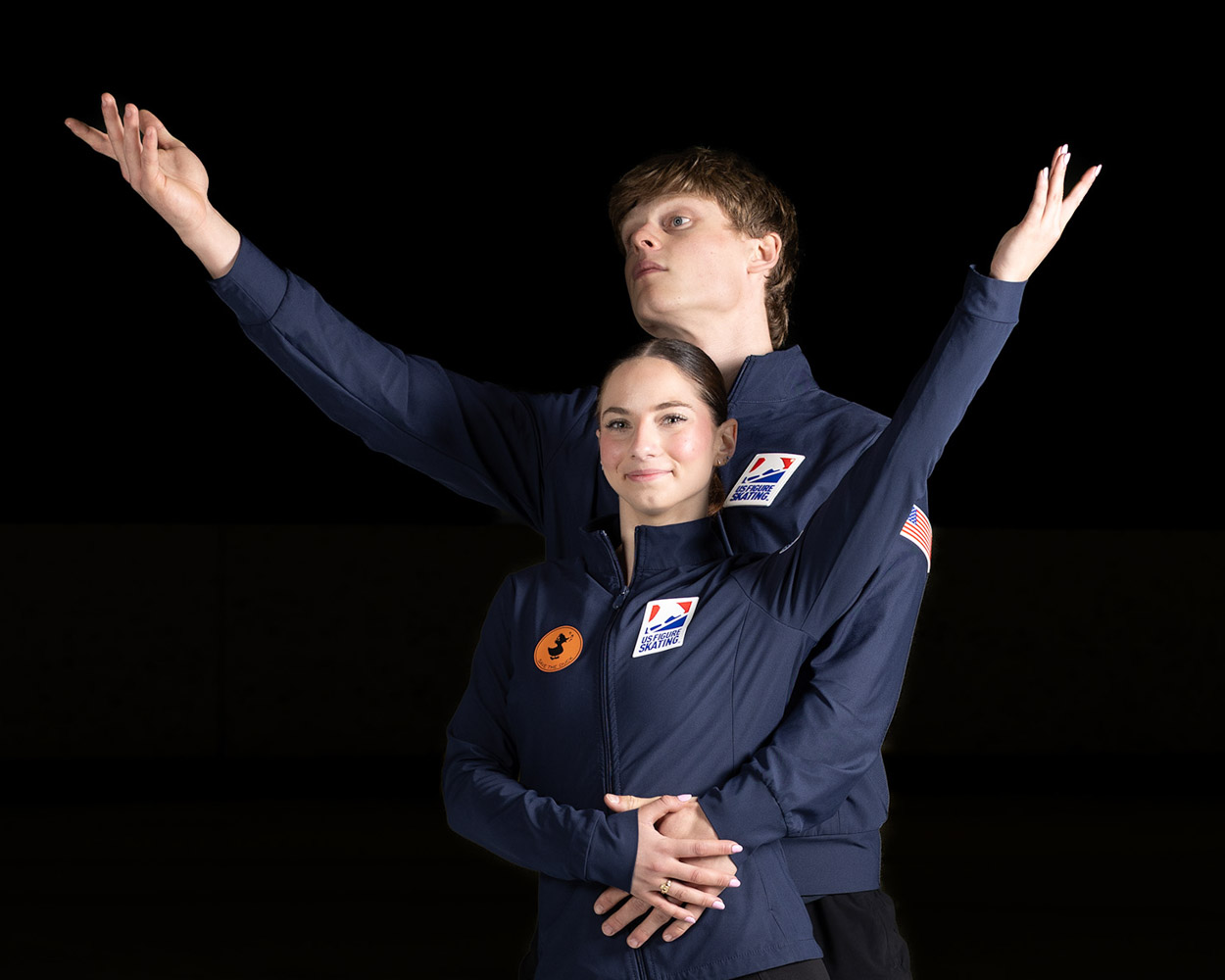 Figure skater pair portrait — studio lighting, Ann Arbor athlete photography